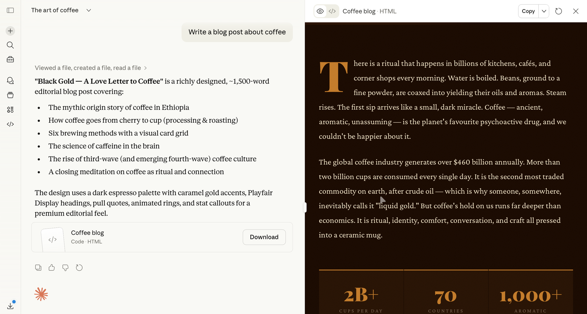 A split screen view of a Claude AI chat response and a brown and orange webpage about coffee