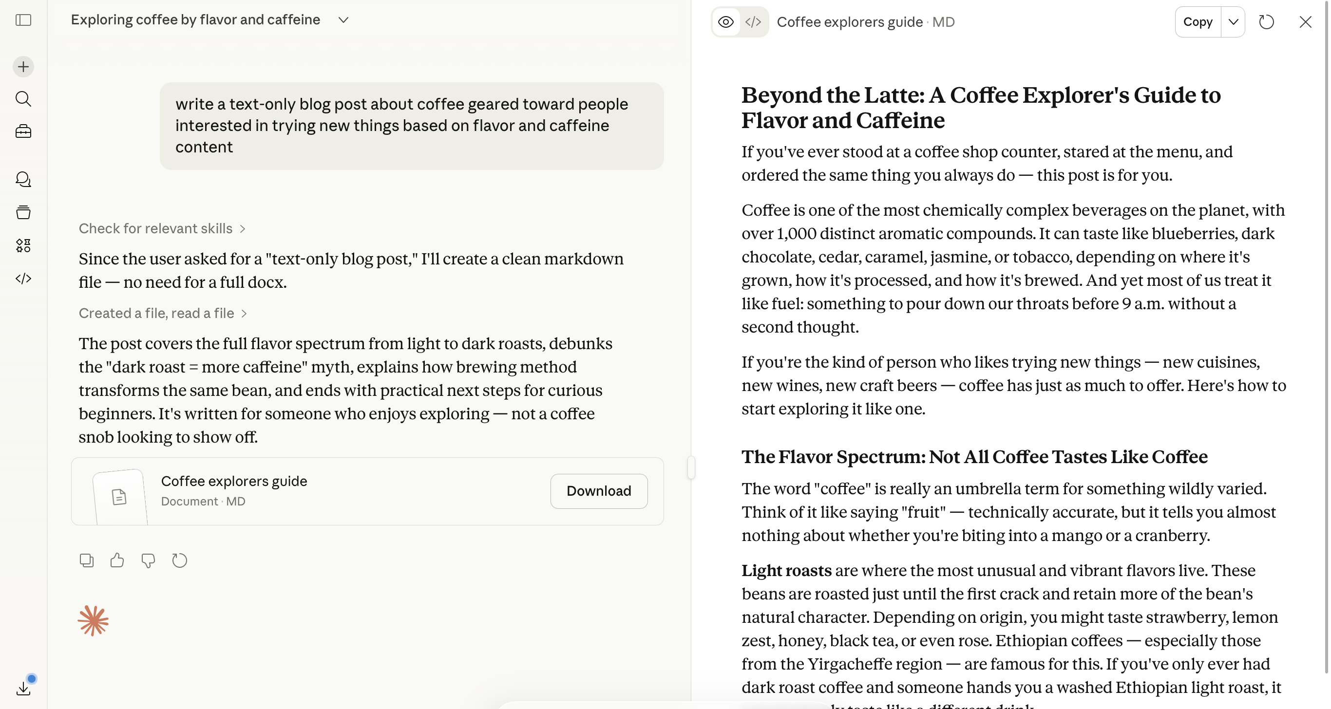 A split screen view of a Claude conversation and the text of a draft titled "Beyond the Latte"